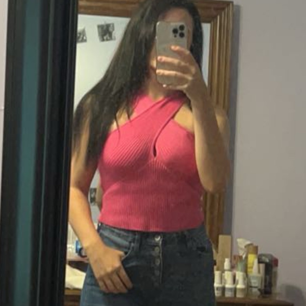 Pink Ribbed Cross-Neck Top - Picture 2 of 2